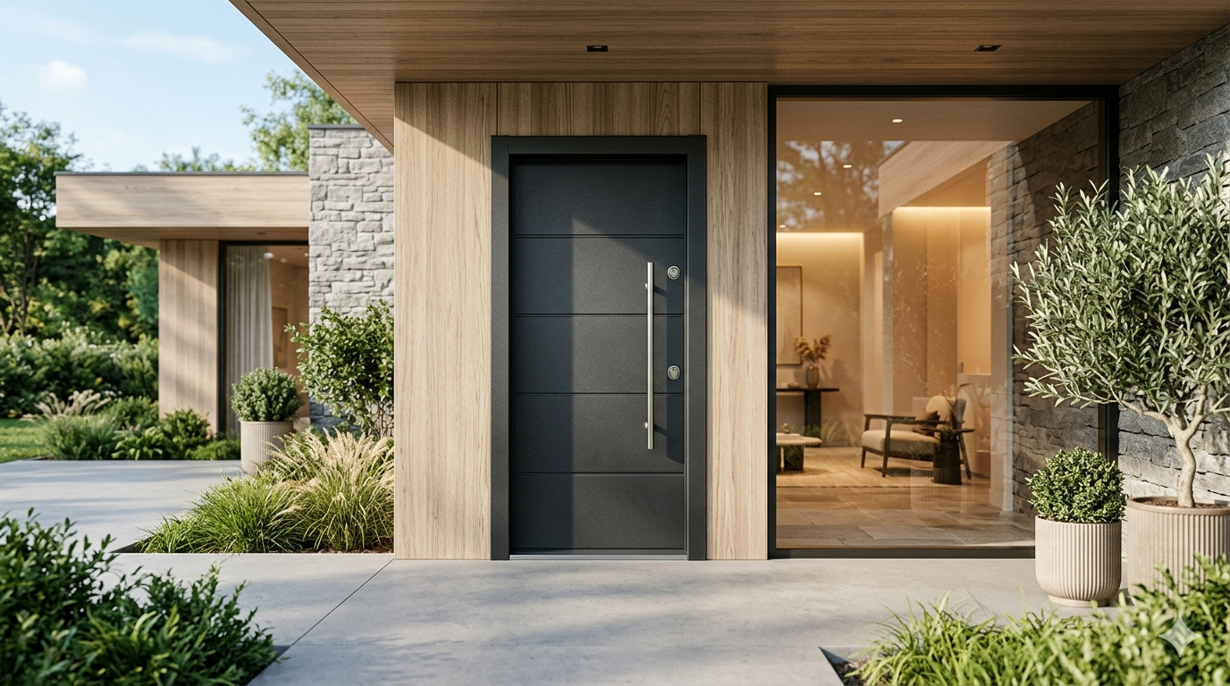 Modern home entrance featuring a sleek, black armored security door with minimalist design.